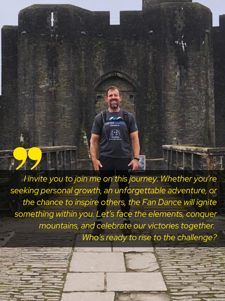 Andrew Jenkins from The BBC Hit show The Traitors standing in front of Carlise Castle on The Big Trek.