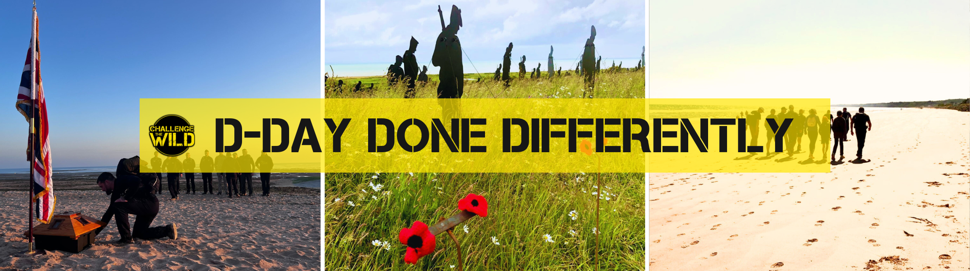 Three pictures side by side. The first is a Normandy beach service for D-Day. The second is a field of poppies, and the third is a group walking along Juno Beach as part of a military history tour.