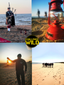 A quadrant of pictures. A piper on the beaches of Normandy on D-Day in 2024, a lamp light of Peace, a military tour group walking along Juno beach and Ant Middleton holding the lamp at sunset on 6th June.