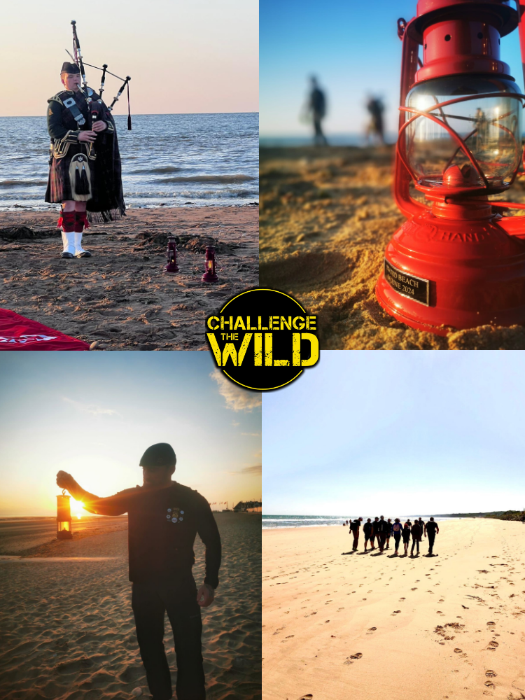 A quadrant of pictures. A piper on the beaches of Normandy on D-Day in 2024, a lamp light of Peace, a military tour group walking along Juno beach and Ant Middleton holding the lamp at sunset on 6th June.